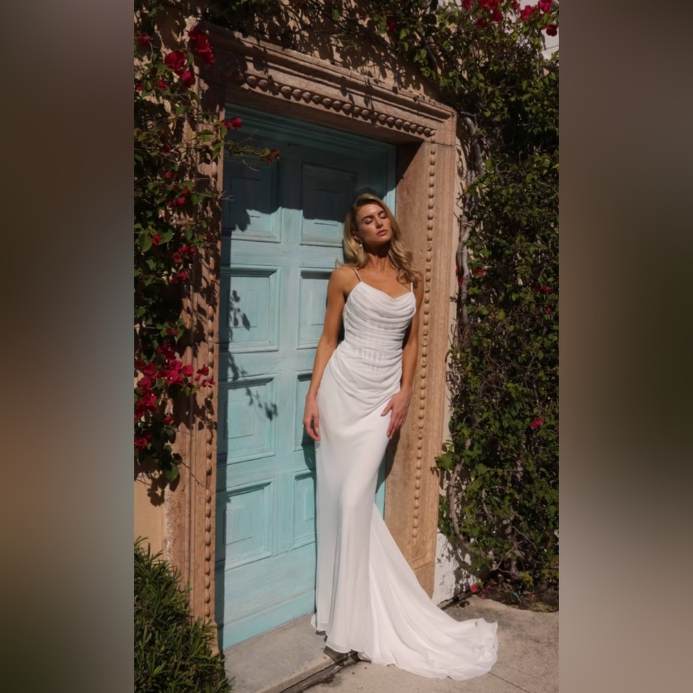 Elegant Ivory Chiffon Romantic Sheath Bridal Gown. Size 10.  Q91